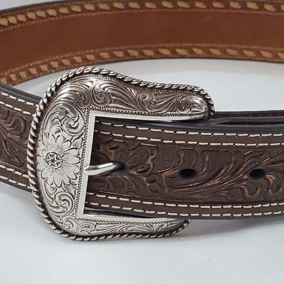Nocona 32" Men's Western Tapered Floral Tooled Western Belt Silver Buckle - Picture 9 of 9